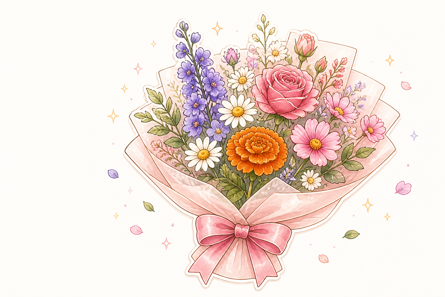 Pink wrapped bouquet with rose, larkspur, daisies, cosmos and marigold